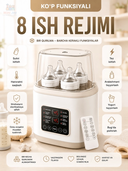 Isitkich va sterilizator chaqaloq idishlari uchun, 8 tasi 1 da, masofadan boshqaruv bilan
