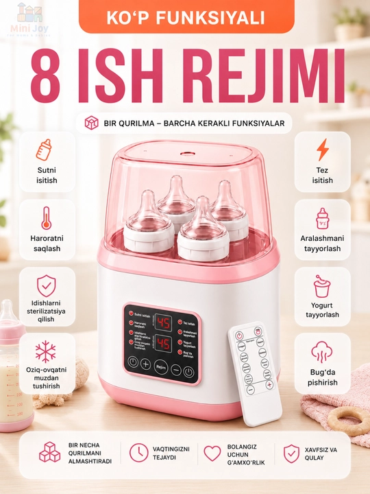 Isitkich va sterilizator chaqaloq idishlari uchun, 8 tasi 1 da, masofadan boshqaruv bilan