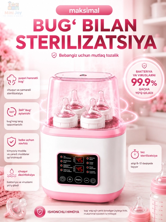 Isitkich va sterilizator chaqaloq idishlari uchun, 8 tasi 1 da, masofadan boshqaruv bilan