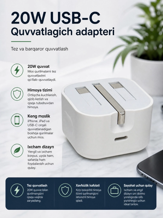 IPhone quvvatlagichi, 20 Vt tez quvvatlash, Type-C kabeli bilan - Lightning - 