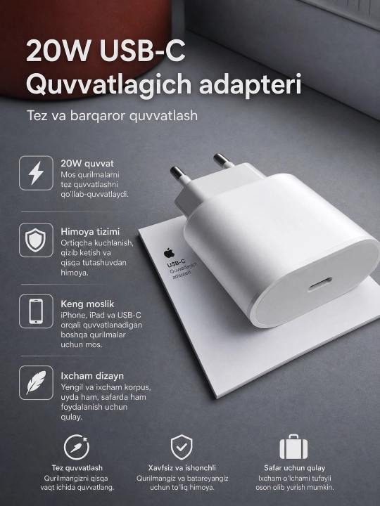 IPhone quvvatlagichi, 20 Vt tez quvvatlash, Type-C kabeli bilan - Lightning