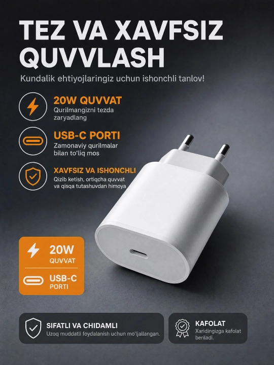 IPhone quvvatlagichi, 20 Vt tez quvvatlash, Type-C kabeli bilan - Lightning