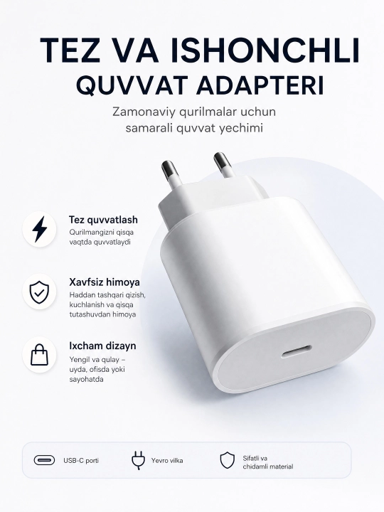 IPhone quvvatlagichi, 20 Vt tez quvvatlash, Type-C kabeli bilan - Lightning - 
