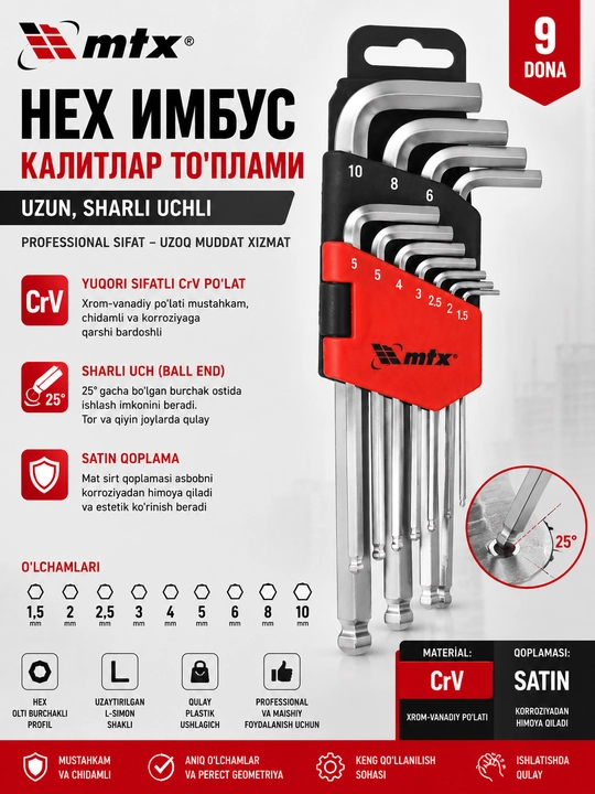 Набор ключей имбусовых HEX, 1,5–10 мм, CrV, 9 шт., удлиненные, сатин., с шаром// MTX - 