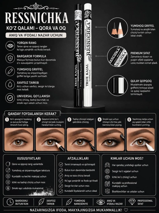 RESSNICHKA True Kajal карандаш для глаз, Waterproof, черный и белый - 