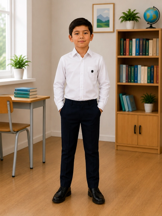 O‘g‘il bolalar uchun klassik oq maktab ko‘ylagi, uzun yengli, 7–11 yosh - 