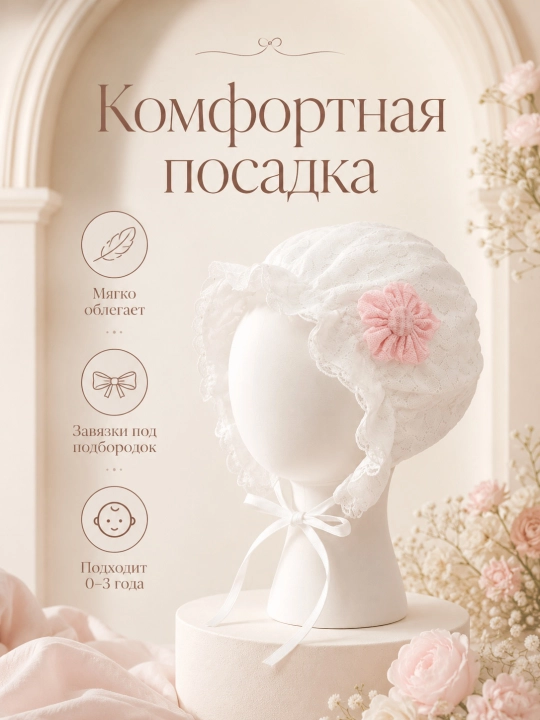 Кружевной чепчик для девочки 0–3 лет, детский капор с завязками