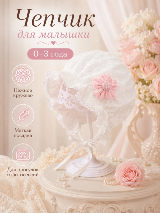 Кружевной чепчик для девочки 0–3 лет, детский капор с завязками - 