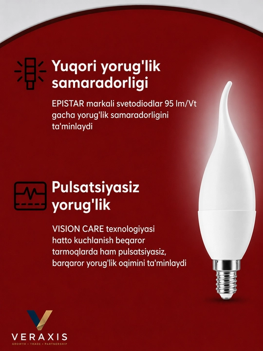 LED chiroq, 6W E14 4000K, neytral oq yorug‘lik, A+ chiroq