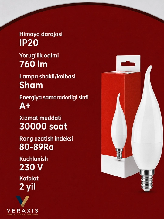 LED chiroq, 6W E14 4000K, neytral oq yorug‘lik, A+ chiroq