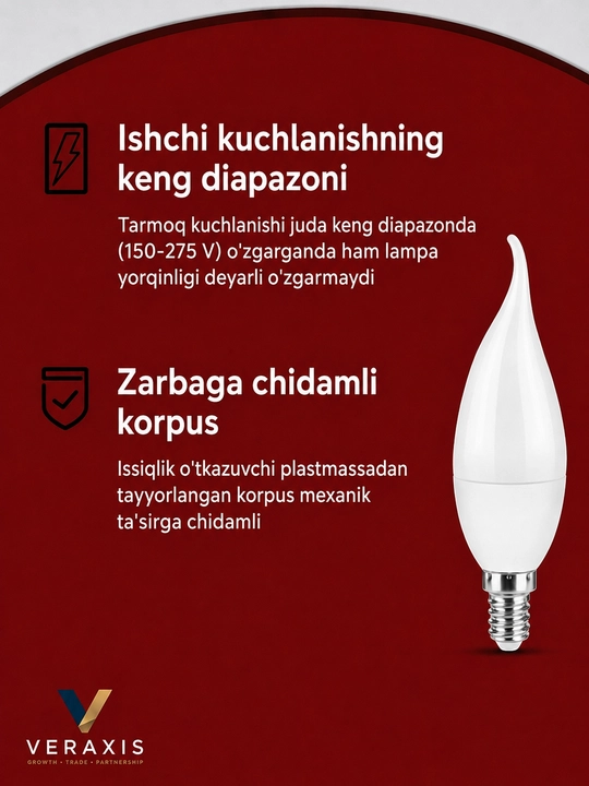 LED chiroq, 6W E14 4000K, neytral oq yorug‘lik, A+ chiroq