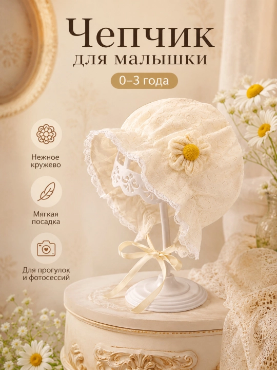 Кружевной чепчик для девочки 0–3 лет, детский капор с завязками - 