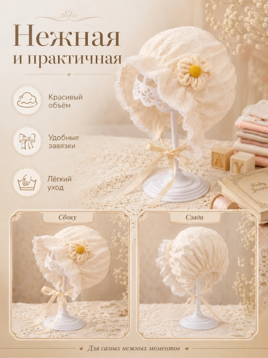 Кружевной чепчик для девочки 0–3 лет, детский капор с завязками