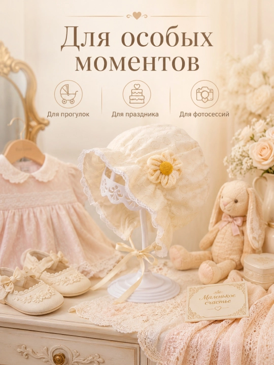 Кружевной чепчик для девочки 0–3 лет, детский капор с завязками