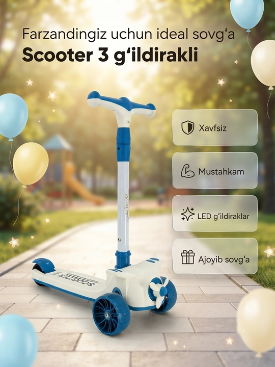 Uch g‘ildirakli bolalar skuterlari, oq va ko‘k, parrakli