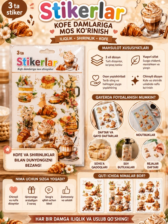 Yoqimtoy pufakchali stikerlar, kundaliklar va tekis yuzalarni bezash uchun stikerlar - 