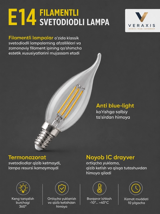 LED chiroq, A+ filamentli lampochka, 7Vt E14 4000K, 360°