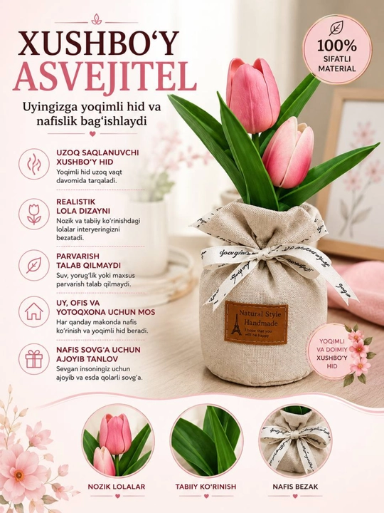 Uy va ofis uchun sun’iy gullar bilan xushbo‘ylantirilgan, dekorativ havo tozalagich, sovg‘a - 