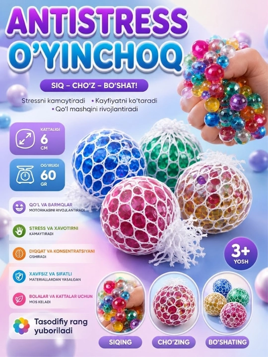 LED Chiroqli Sakrovchi Antistress O'yinchoq - Yumshoq Emoji Rangli Antistress Mesh Shar - 