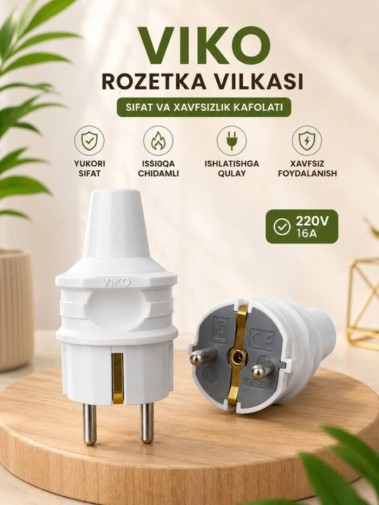 VIKO 16A 220V elektr vilka rozetka vilkasi issiqqa chidamli xavfsiz sifatli oq rangli - 