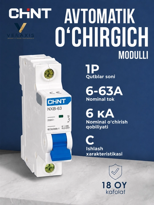 Avtomatik o‘chirgich CHINT NXB-63, 1P 6-63A 6 kA, C xarakteristikasi - 