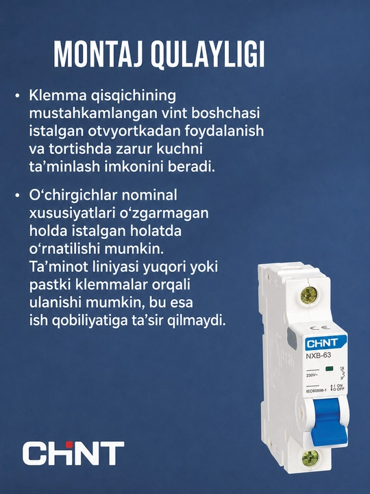 Avtomatik o‘chirgich CHINT NXB-63, 1P 6-63A 6 kA, C xarakteristikasi