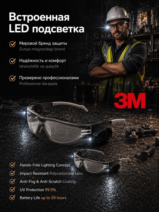 3M LED Light Vision himoya ko‘zoynaklari yoritgichli UV400 tumanga qarshi