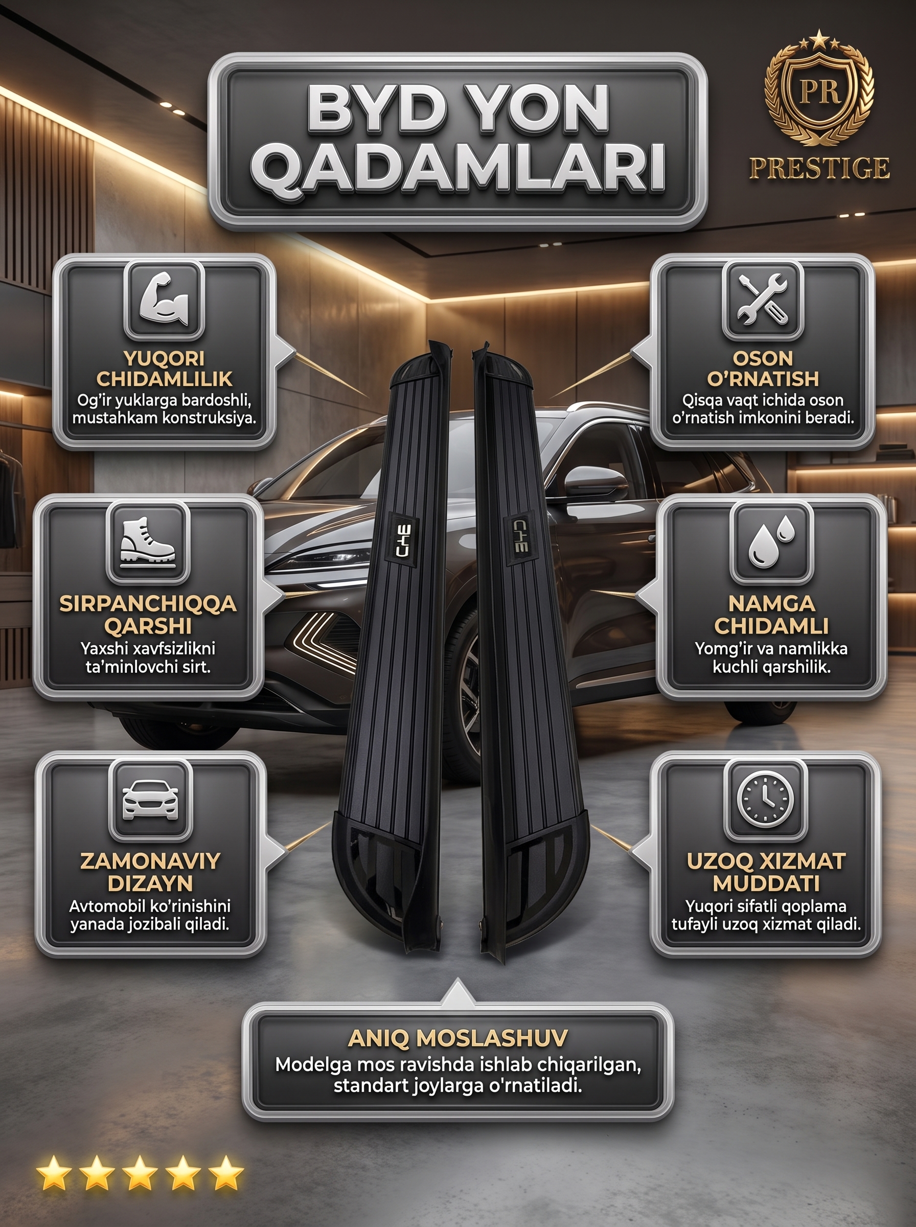 BYD Sealion 06 avtomobili uchun poroglar, zanglamaydigan yon qadamlar