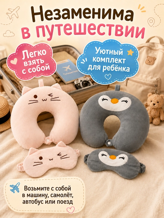 Детская подушка для путешествий, подушка для шеи, маска для сна в подарок
