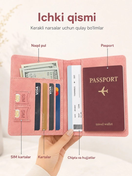 Pasport chexol travel wallet, karta va SIM joyli sayohat qopqog‘i