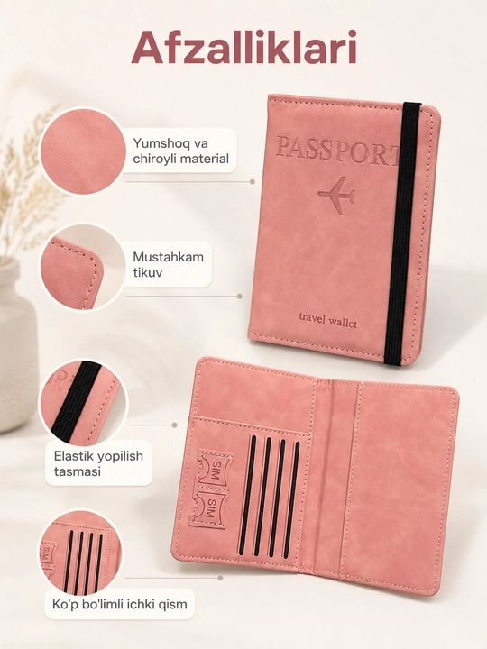 Pasport chexol travel wallet, karta va SIM joyli sayohat qopqog‘i