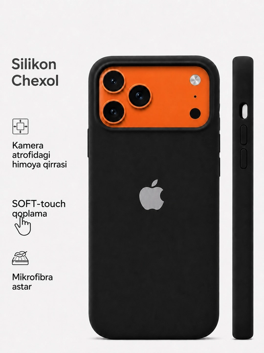 Silikon chexol iPhone 11–17, Pro va Pro Max uchun, Soft Touch, mikrofibrali - 