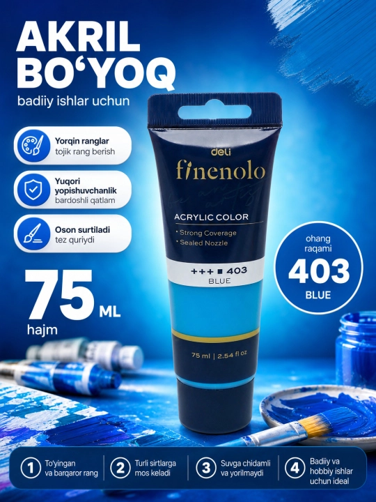 Tubali akril bo‘yoq, Deli, Finenolo EC75-CB, 75 ml