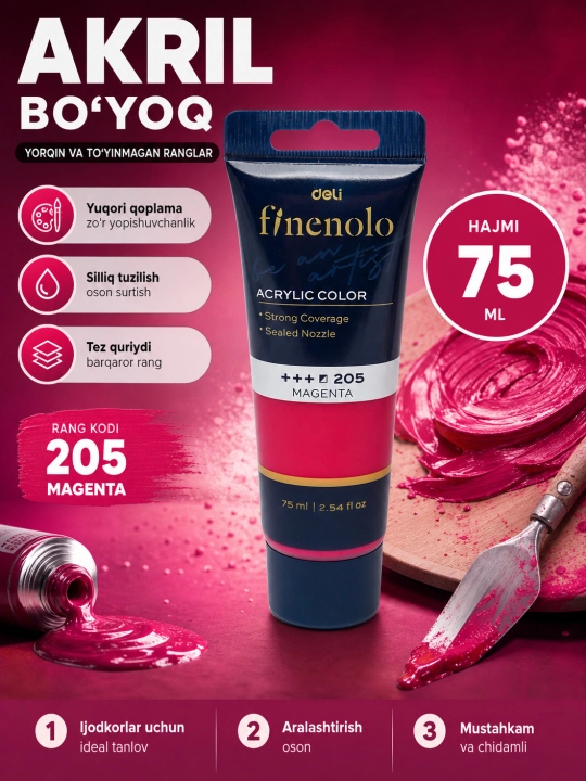 Tubali akril bo‘yoq, Deli, Finenolo EC75-CB, 75 ml