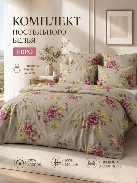 Choyshablar to‘plami Bejiviy gul euro o`lcham 100% paxta - 