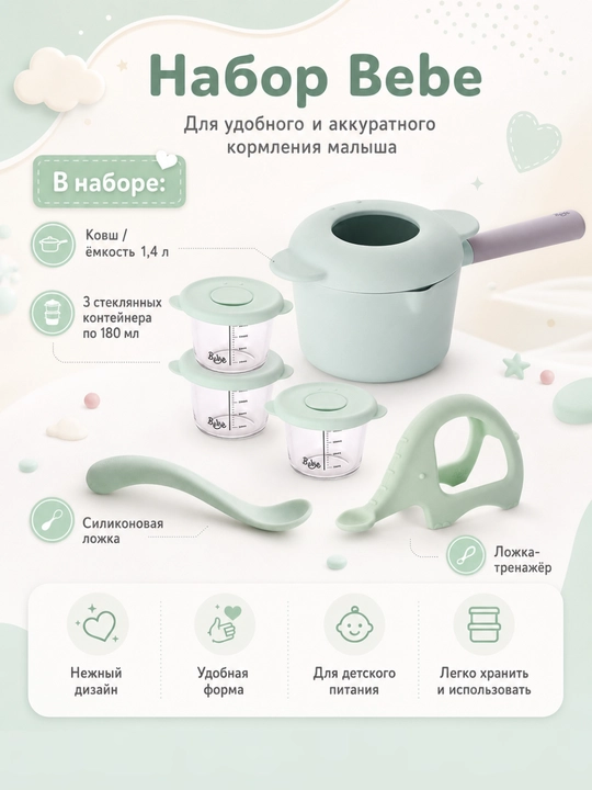 Neoflam BeBe bolalar ovqati uchun to‘plam, 1,4 l kovshik + 3 ta konteyner + qoshiqchalari - 