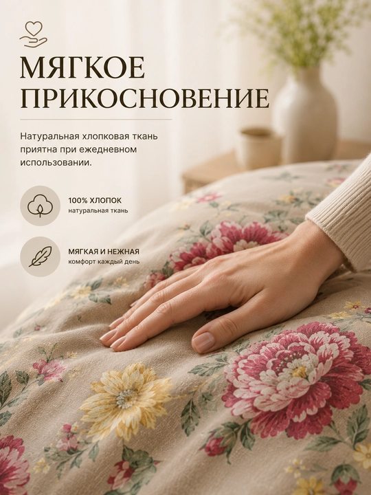 Комплект постельного белья  бежевый с яркими цветами 1.5 спальный 100% 
