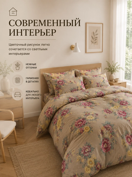 Комплект постельного белья  бежевый с яркими цветами 1.5 спальный 100% 