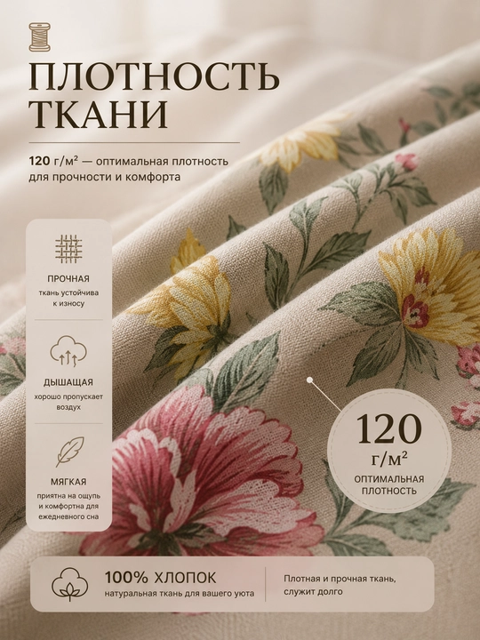 Комплект постельного белья  бежевый с яркими цветами 1.5 спальный 100% 