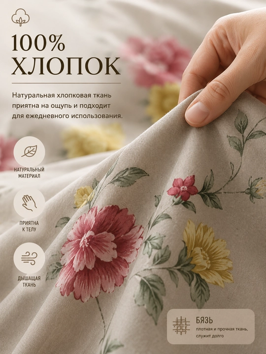 Комплект постельного белья  бежевый с яркими цветами 1.5 спальный 100% 
