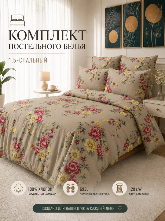 Комплект постельного белья  бежевый с яркими цветами 1.5 спальный 100%  - 