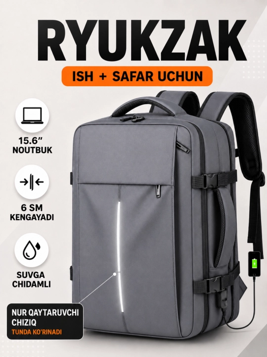 Erkaklar uchun ish va sayohat ryukzagi, 15.6 dyum noutbuk uchun - 