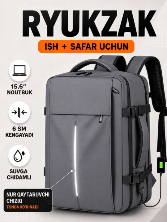 Erkaklar uchun ish va sayohat ryukzagi, 15.6 dyum noutbuk uchun - 