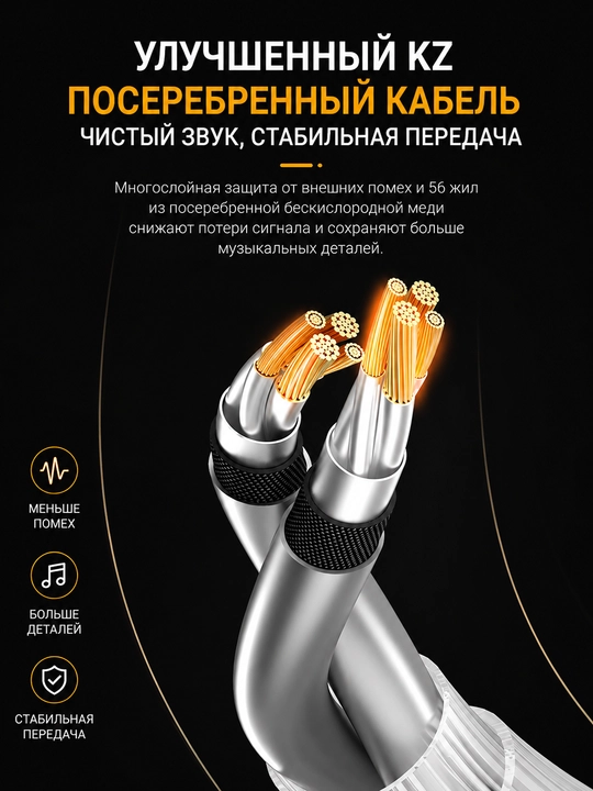 Кабель KZ Type-C 2Pin 0,75 мм, посеребренный, для Hi-Fi наушников