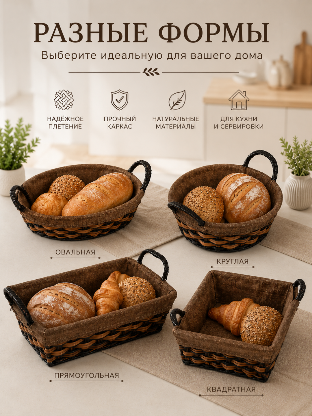 Корзина для хлеба, ротанговая и тканевая, стильный декор для кухни и стола - 