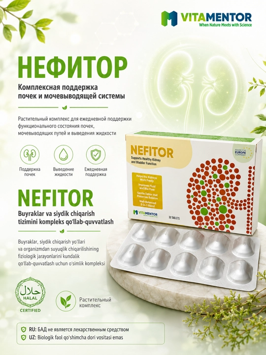 NEFITOR — buyraklar va siydik chiqarish tizimini qo‘llab-quvvatlash kompleksi, 30 tabletka - 