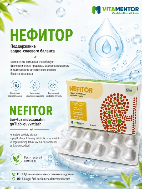 NEFITOR — buyraklar va siydik chiqarish tizimini qo‘llab-quvvatlash kompleksi, 30 tabletka