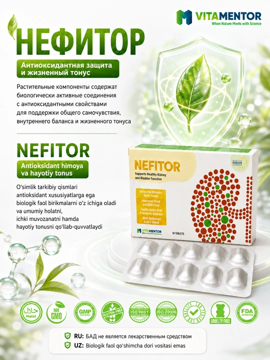 NEFITOR — buyraklar va siydik chiqarish tizimini qo‘llab-quvvatlash kompleksi, 30 tabletka