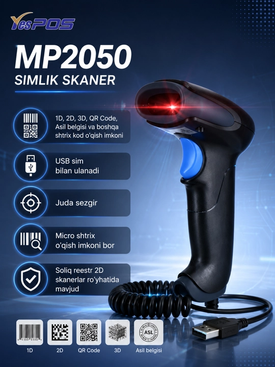 YesPOS 2D Shtrix-kod Skaneri | USB | QR va Barcode O‘quvchi - 