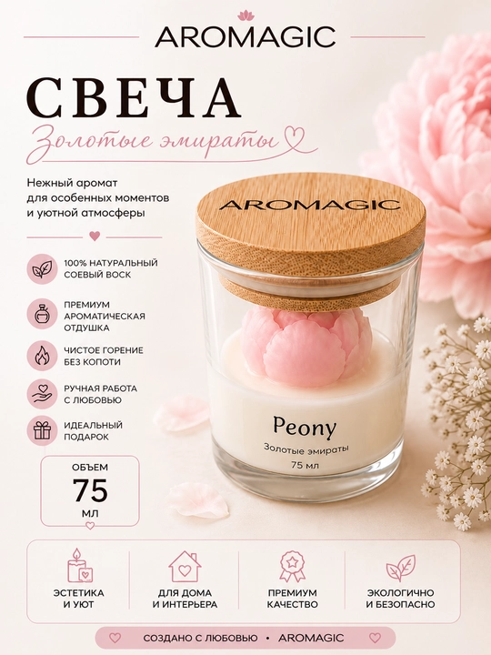 Свеча в стакане с пионом AROMAGIC "Золотые эмираты", 75 мл - 